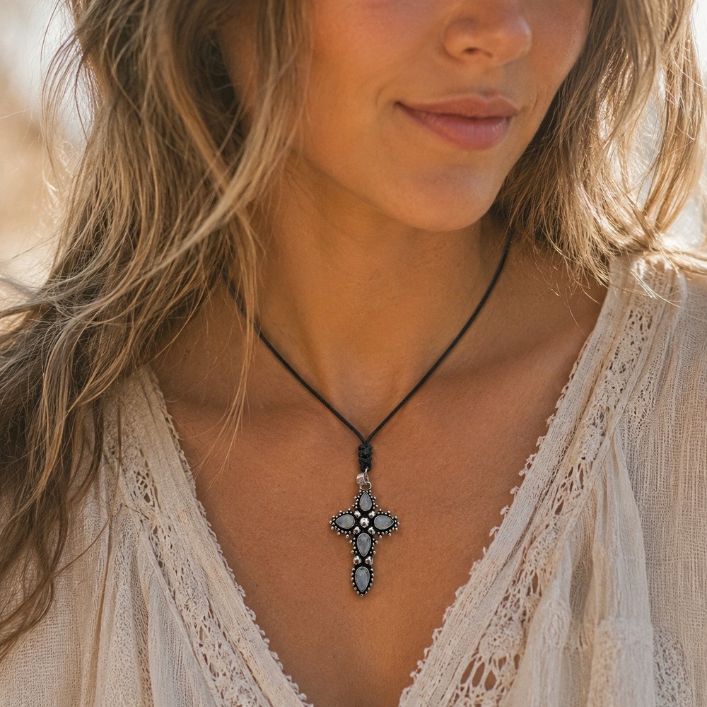 Rainbow Moonstone Cross Pendant Necklace Adjustable Tibetan Handmade Black Cord - Picture 2 of 6